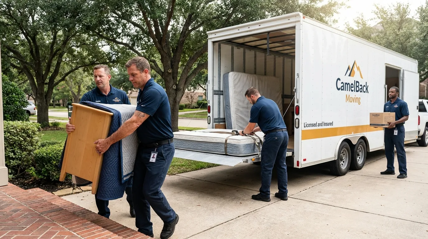 Crew loading residential truck for cross-state move from Los Molinos, CA