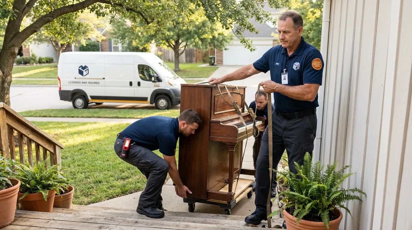 Licensed piano movers securing grand piano in Los Molinos, CA
