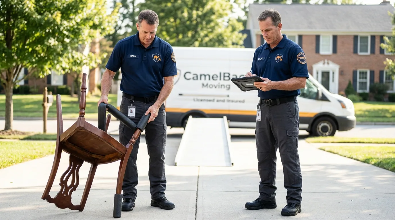 Movers inspecting furniture for damage prevention before loading in Los Molinos, CA